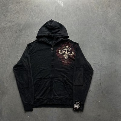 Vintage Y2K Affliction Zip Up Hoodie Men s XXL Black Cross Wings Grunge NWT RARE