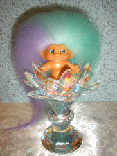 Vtg DAM C64 Troll Doll 1960's 2-1/2" New Lilac Aqua Mohair Artist Glass Eyes