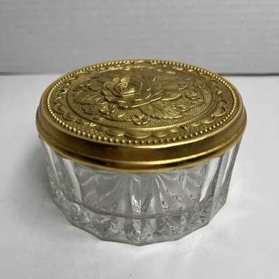 Vintage Indonesia Brass Rose Lid Glass Vanity Powder Jar Trinket Box Starburst