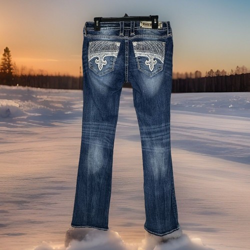 Pantalones de mezclilla Rock Revival talla 28 azul Fenna tiro bajo bota adornada vaquera occidental - Imagen 6 de 23