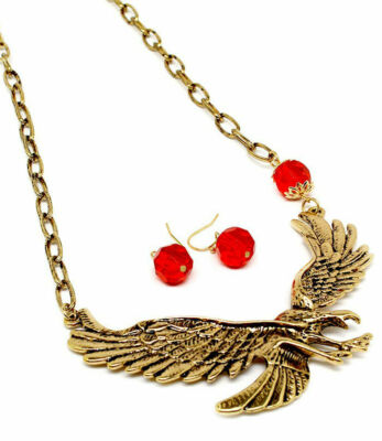 Adler Vogel Goldfarben Metall Rot Perlen Statement Halskette Ohrring Set