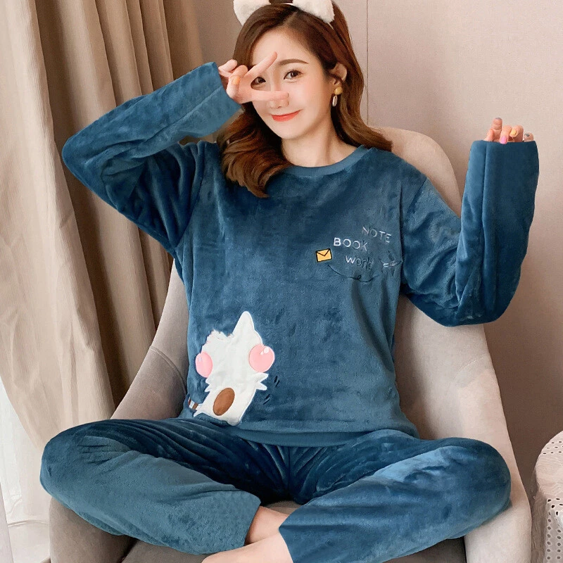 Women Warm Flannel Pajamas Set Cute Soft Autumn Winter Sleep Cloth Fall  Gift New