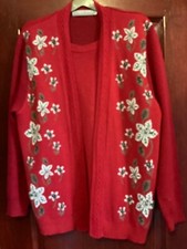 Pure & Natural Jumper Cardigan M/L  40” Bust - Red Floral Stretch Womens