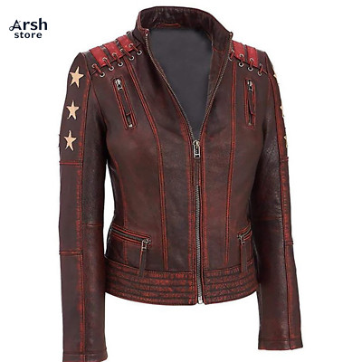 Women s Red Star Biker Leather Jacket Slim Fit Vintage Moto Style Streetwear