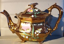 Rare & Collectable Copper Lustre Teapot Enamelled Flowers 7.5"