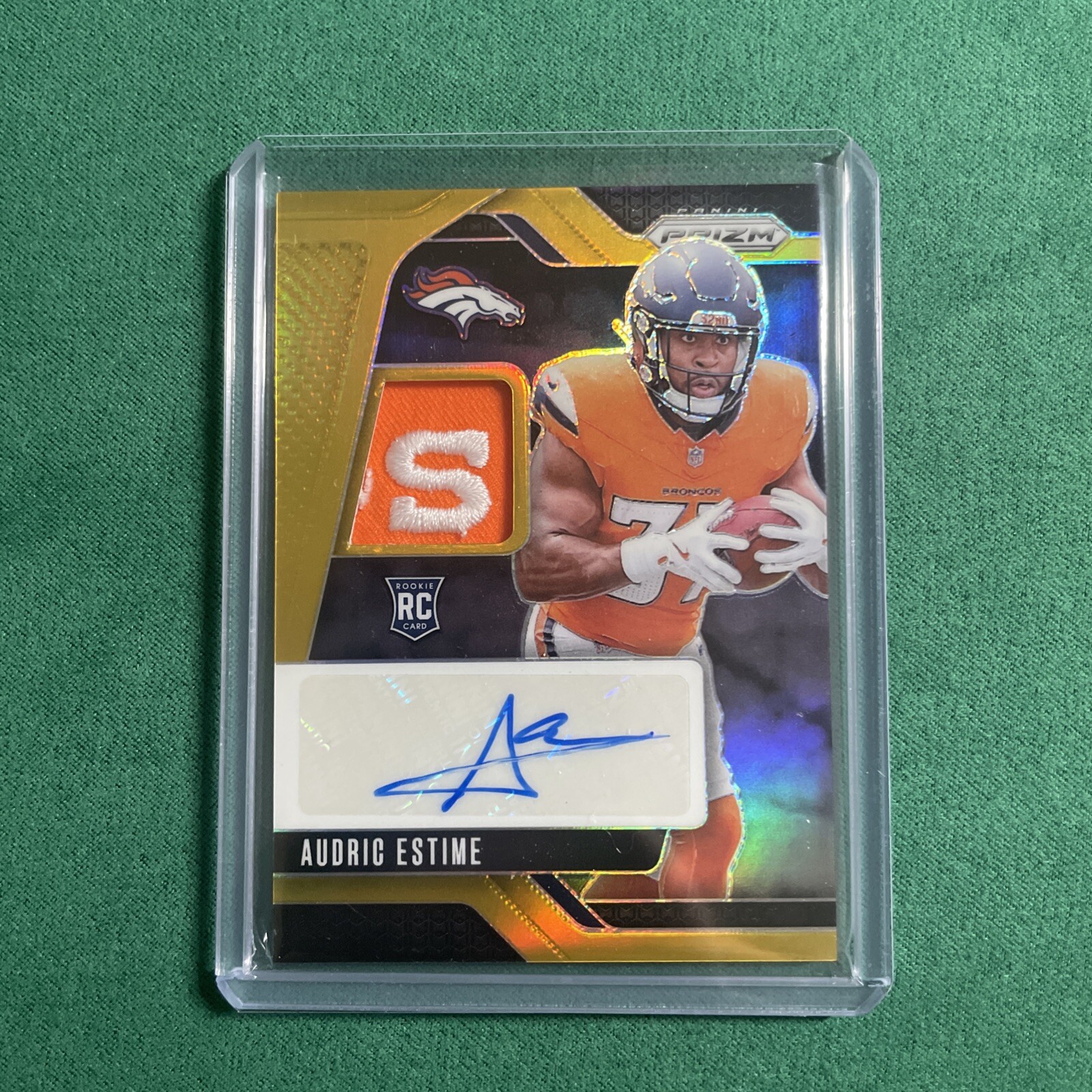 2024 Prizm Audric Estime Gold/10 Rookie Patch Auto Denver Broncos