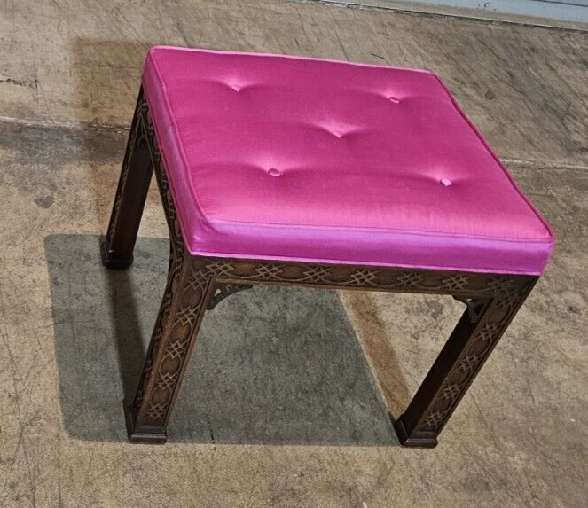 Kindel Chino Chippendale Caoba Reposapiés Banco Taburete Seda Tela Mechonada Foto 2 de 4