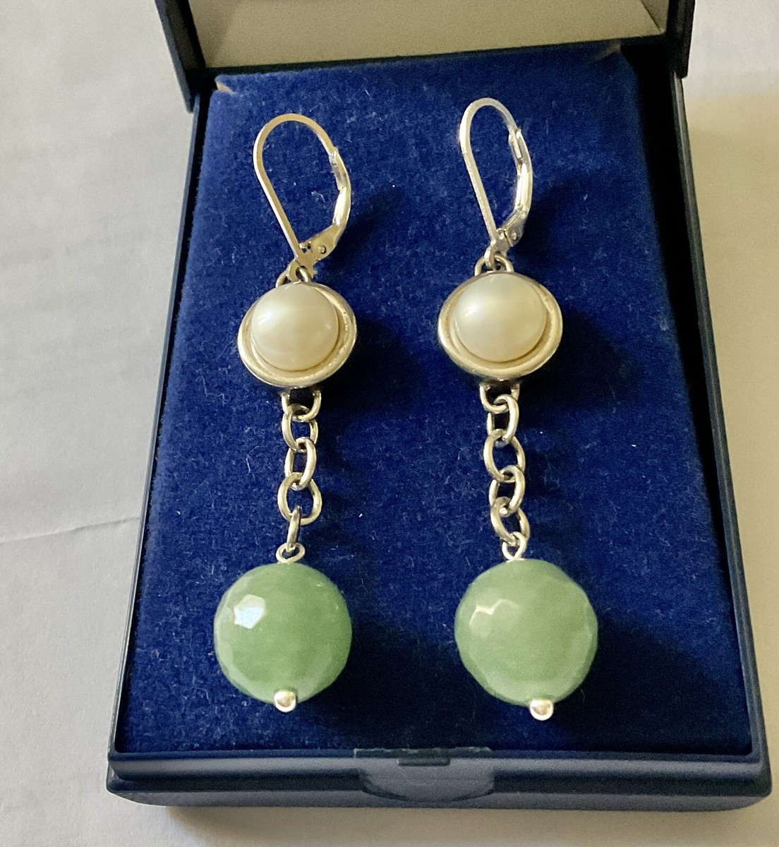 Boucles D'oreilles Anciennes En Argent Massif Avec Perle Véritable Et Jade - Longues Pendantes