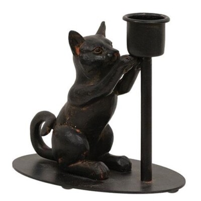 NEW Primitive BLACK CAT Taper Candle Holder Iron Farmhouse 5''W x 4.25''H x 3''D
