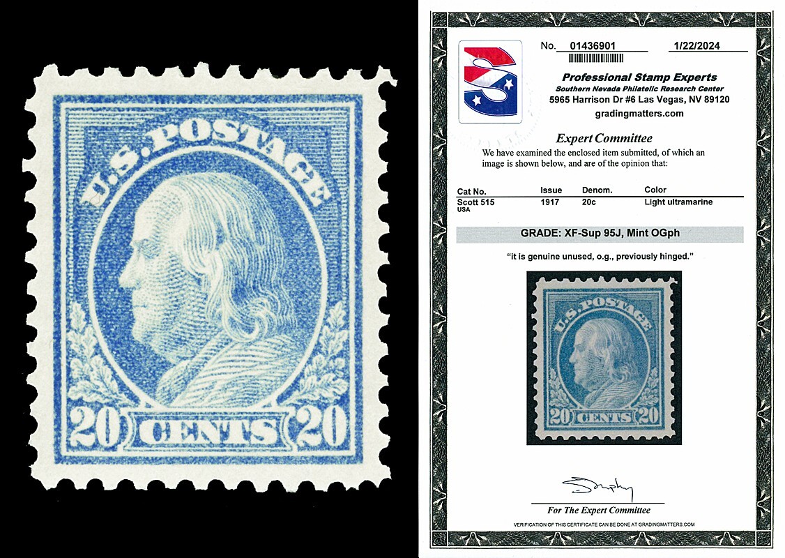 Scott 515 1917 20c Franklin Issue Mint Graded XF-Sup 95J LH with