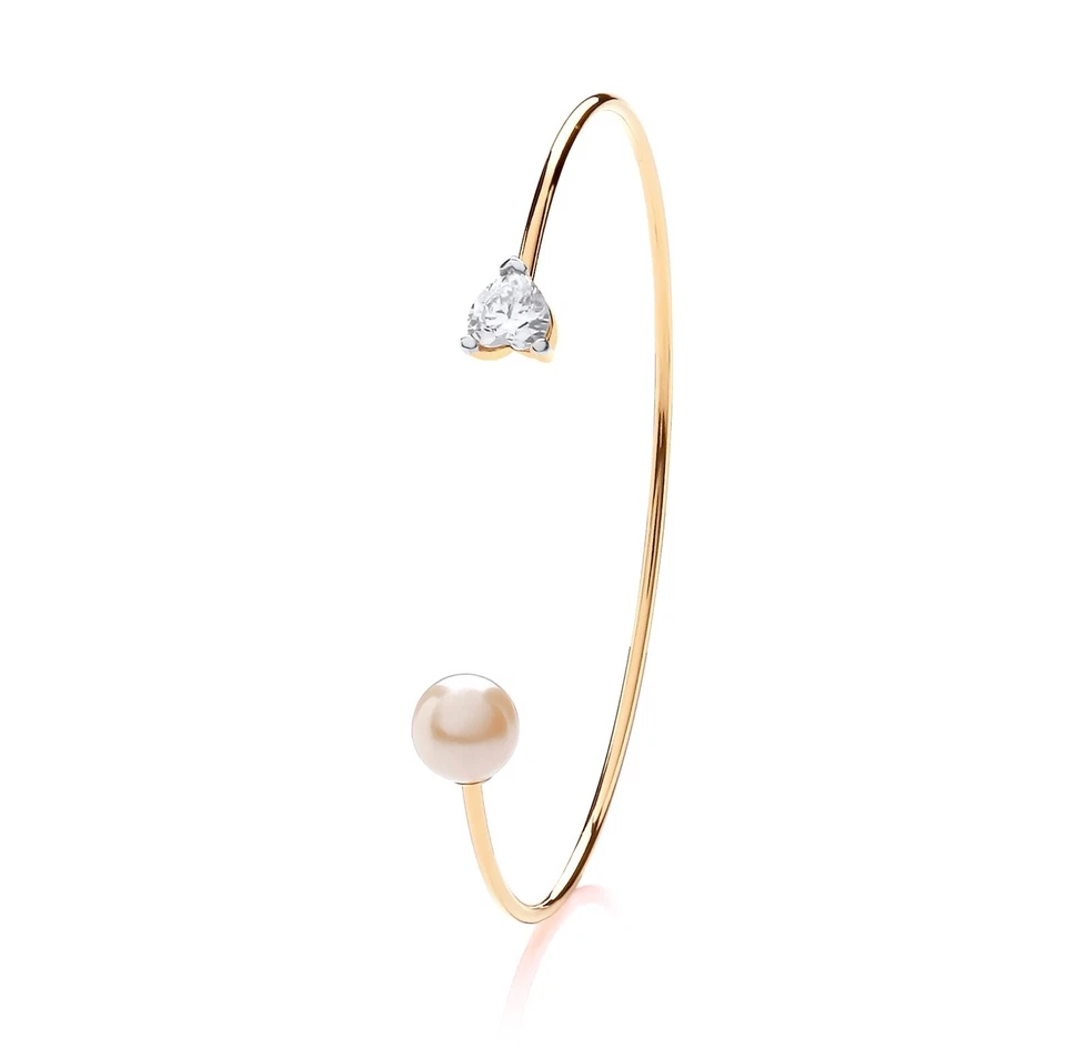 9ct Yellow Gold on Silver Pearl & CZ Heart Ladies SOLID Torque Bangle Bracelet - Image 2 of 4