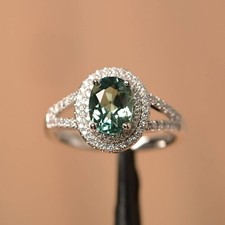 green Sapphire ring 925 Silver White Gold Plated oval Cut Solitaire Ring