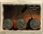 1943 P-D-S Steel Lincoln Cent Set in "IWO JIMA" Display Case