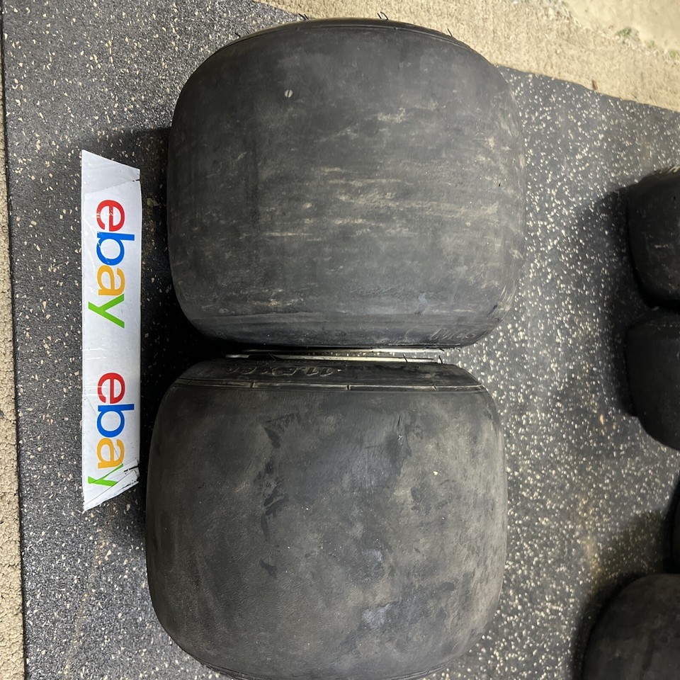 Two American pattern 6” diameter go kart racing wheels with tires Drift