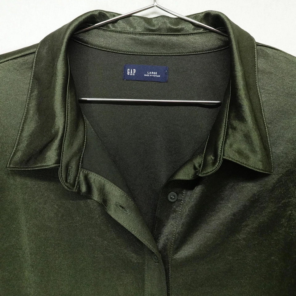 Camisa GAP feminina grande verde cetim botão frontal manga longa gola blusa - Imagem 2 de 4