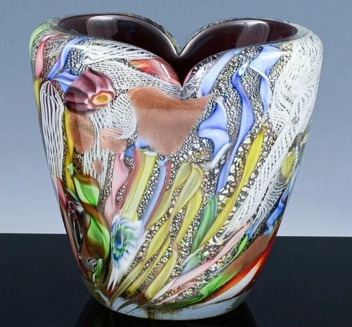 MID CENTURY MODERN MURANO ITALIAN AVEM BIZANTINO TUTTI FRUTTI ART GLASS VASE #1