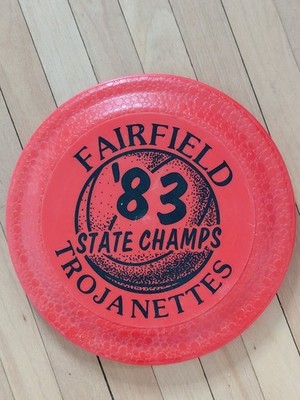 Vintage ''Fairfield '83 State Champs Trojanettes'' frisbee from Fairfield, Iowa
