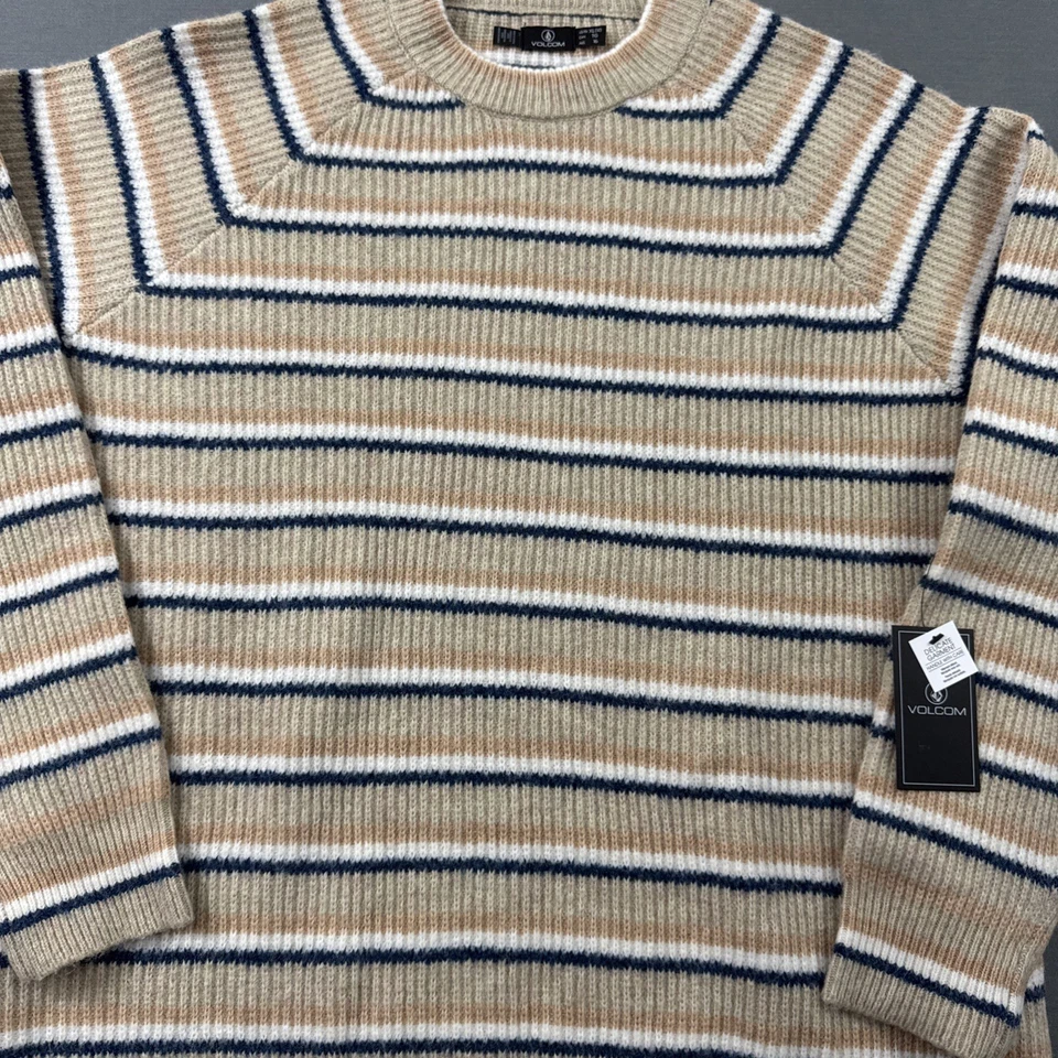 NWT Volcom Size XL Women's Knit Sweater Tan Blue White Stripes Recycle Poly Wool - Image 4 of 4