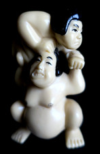Vtg Japanese Sumo Wrestlers Hand Carved Okimono Netsuke 3 3/4" Tall