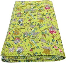 Vintage Handmade Kantha Quilt Knig size Indian Blanket Leaf Print Kantha Throw
