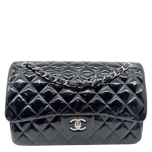 CHANEL Classic Double Flap Quilted Patent Leather Shoulder Bag Black