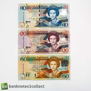 EAST CARIBBEAN: Set of 3 East Caribbean Dollar Banknotes.
