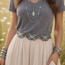 Southwestern Boho Concho Belt   SZ L--Silver Tone with Faux Turquoise Flowers