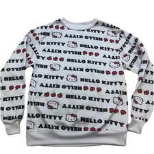 Hello Kitty Repeat Text Women's White Crew Neck Long Sleeve Sweatshirt XS