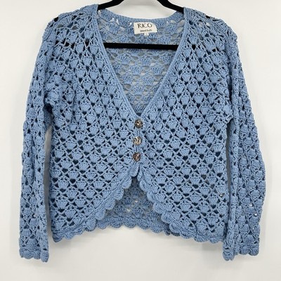 VTG Rico Hand Knits Crochet Cottagecore Sweater Sz S Blue Coastal Shell Stitch