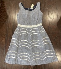 Boden Women Dress Size 6R Blue/White 100% Linen Back Zip Fit Flare Lined NEW