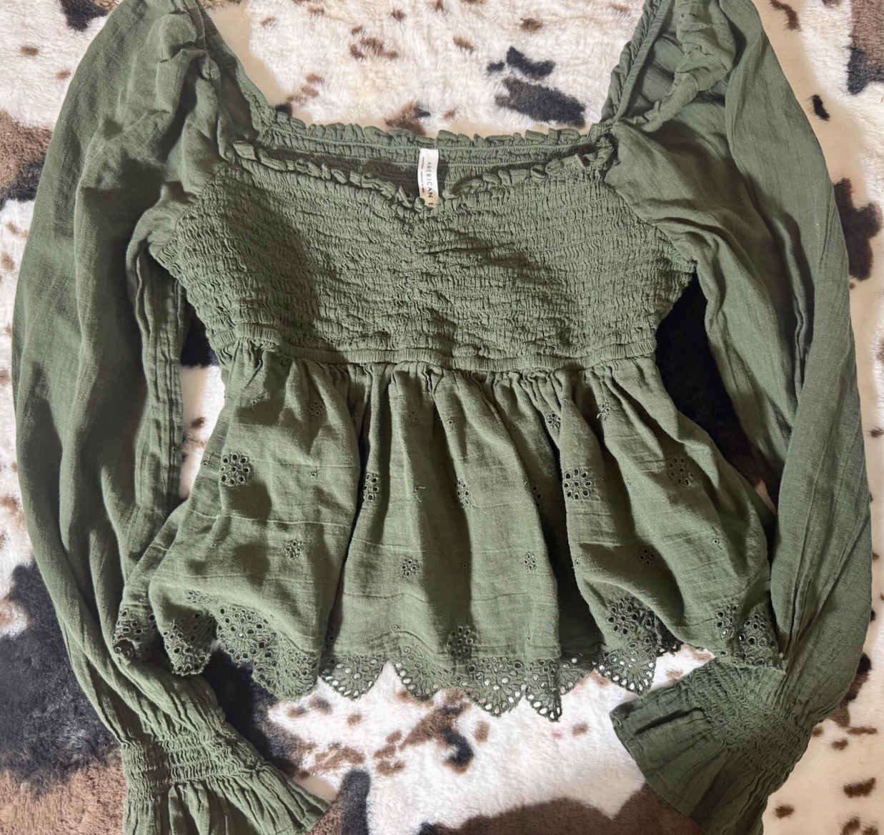 American Eagle Smocked Peasant Long Flared Sleeve Square Neck Blouse Women's