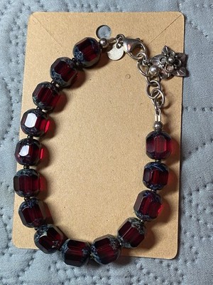 Signiertes Emily Ray 925 Sterlingsilber rot Tschechisch Perlen Armband Blume Charm