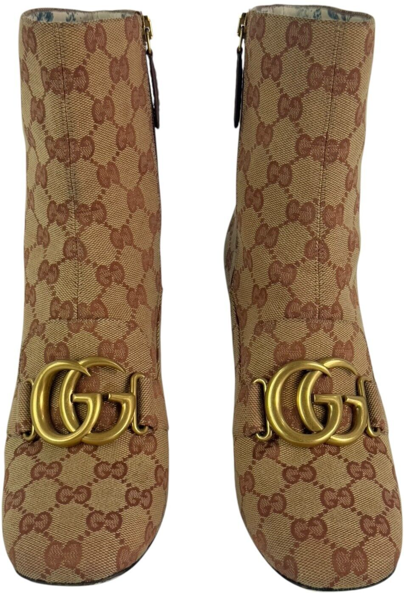 GUCCI Brown Canvas Logo Marmont Monogram Ankle Boots 37.5 - 7.5US