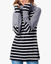 Black & White Striped Long Sleeve Cowl Neck Tunic Top Size xl