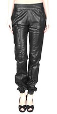Black Real Lambskin Leather Joggers Pant Womens Elastic Waist Ankle Slim W/32 34