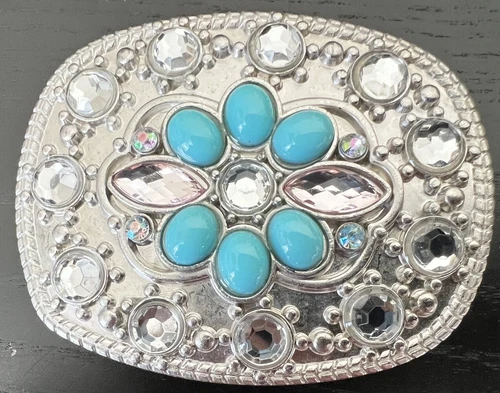 Vintage Large Oval Flower Design Turquoise Clear + Pastel Rhinestones Buckle