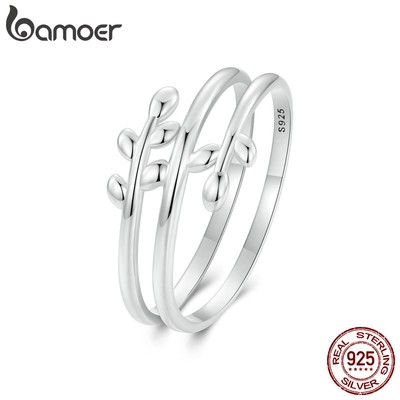 Bamoer Dazzling 925 Silver Multi-Layered Leaf Wedding Rings Women Gifts Jewelry