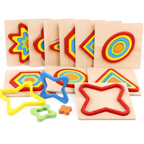 Geometric Shapes Wooden Jigsaw Puzzle For Toddlers Kids Early Educational Toys - Picture 1 of 29