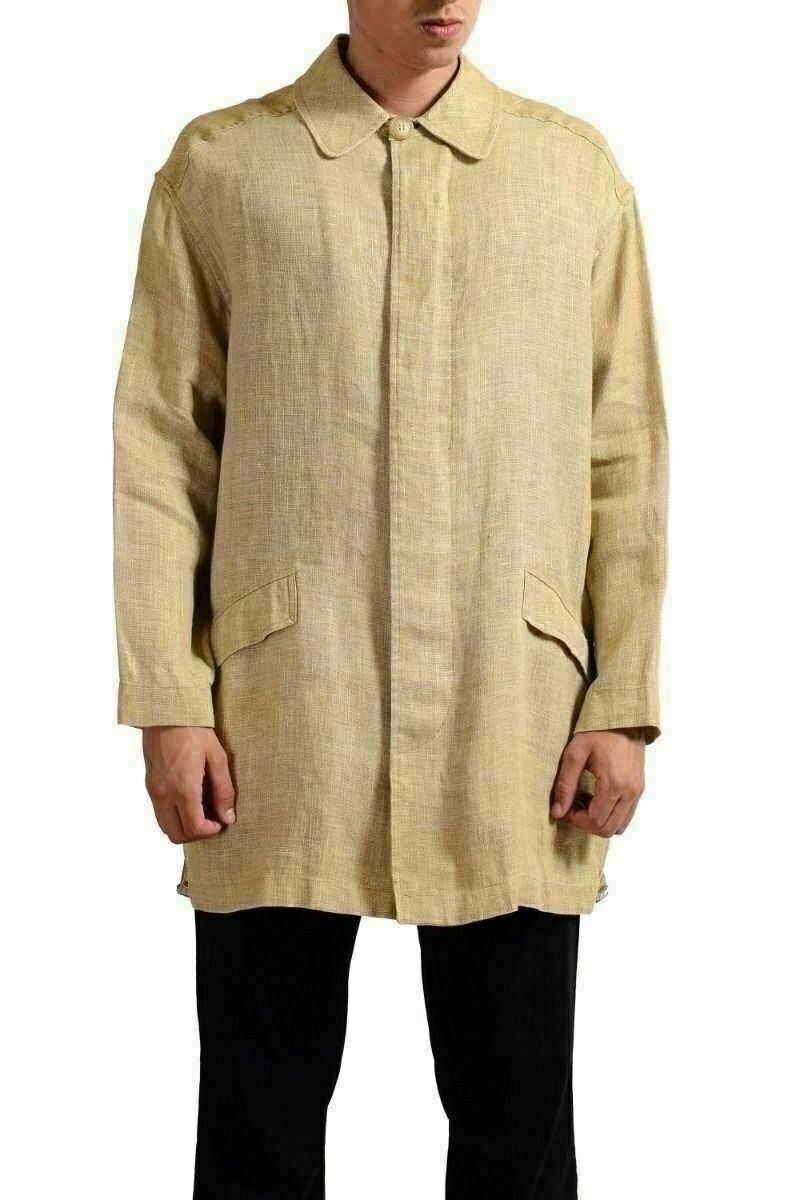 Gianfranco Ferre Льняное бежевое мужское базовое пальто на пуговицах с потертостями US S IT 48 18690₽