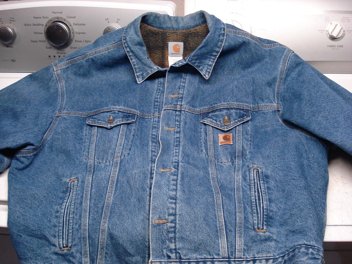 VINTAGE Carhartt Men Jacket L Blue Denim Button Up J11 DST Pockets Logo  Lined