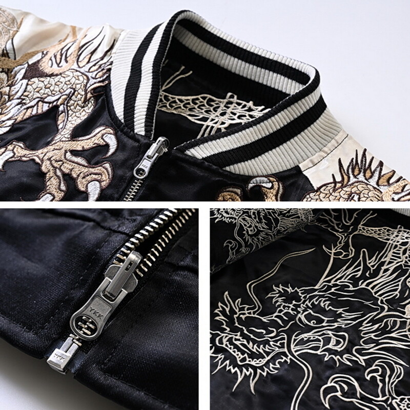 Mens Japanese Pattern Embroidery Dragon Tiger Sukajan Souvenir