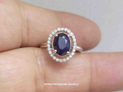 2.46Ct Genuine Mined Sapphire And Diamond Ring In Solid  14K White Gold, Halo