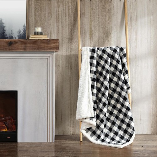 Cozy Black Check Throw Blanket - Reversible Sherpa Fleece for Gifting & Travel - Picture 7 of 12