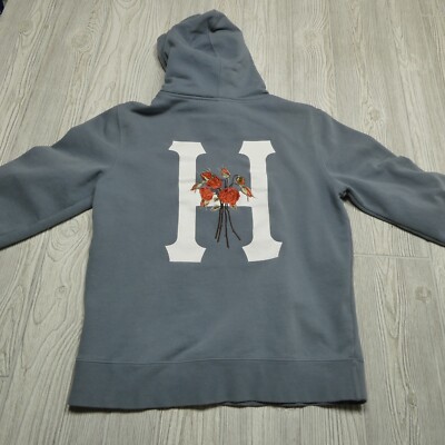 VINTAGE Huf Sweater Adult Small Gray Blue Embroidered Flowers Y2K Hooded Hoodie