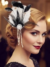 1920s Feather Hair Clips Flapper Gatsby Fascinator Pearl Hair Accessories for...
