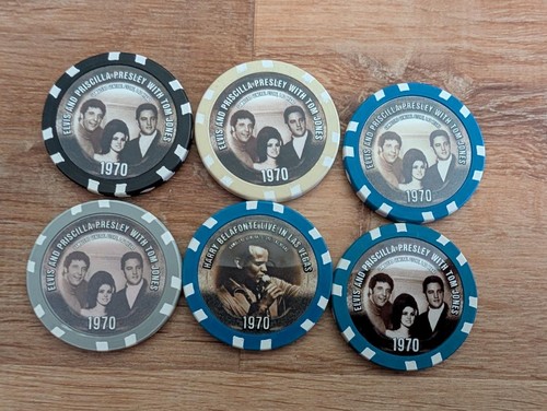 LOT OF 6 1970 CASINO POKER CHIPS ICONIC PHOTOS ELIVIS TOM JONES HARRY BELAFONTE