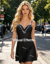 Women's One Size Black Rhinestone Sweetheart Strappy Fit & Flare Mini Dress