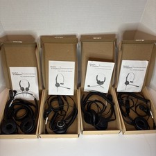 Headset and telephone Call center headphones. 2 single ear and 2 double.