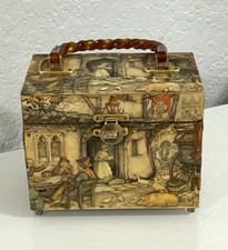 Vintage Anton Pieck 3D Decoupaged Wood Box Purse Swirled Handle Victorian Scenes