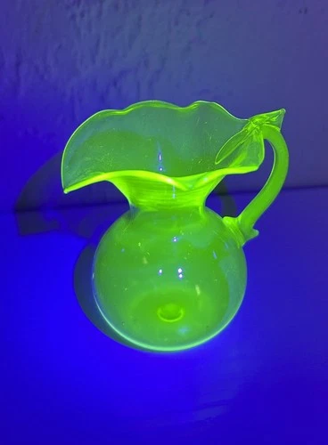 Vintage Yellow Vaseline Uranium Glass Mini Pitcher  2" Tall